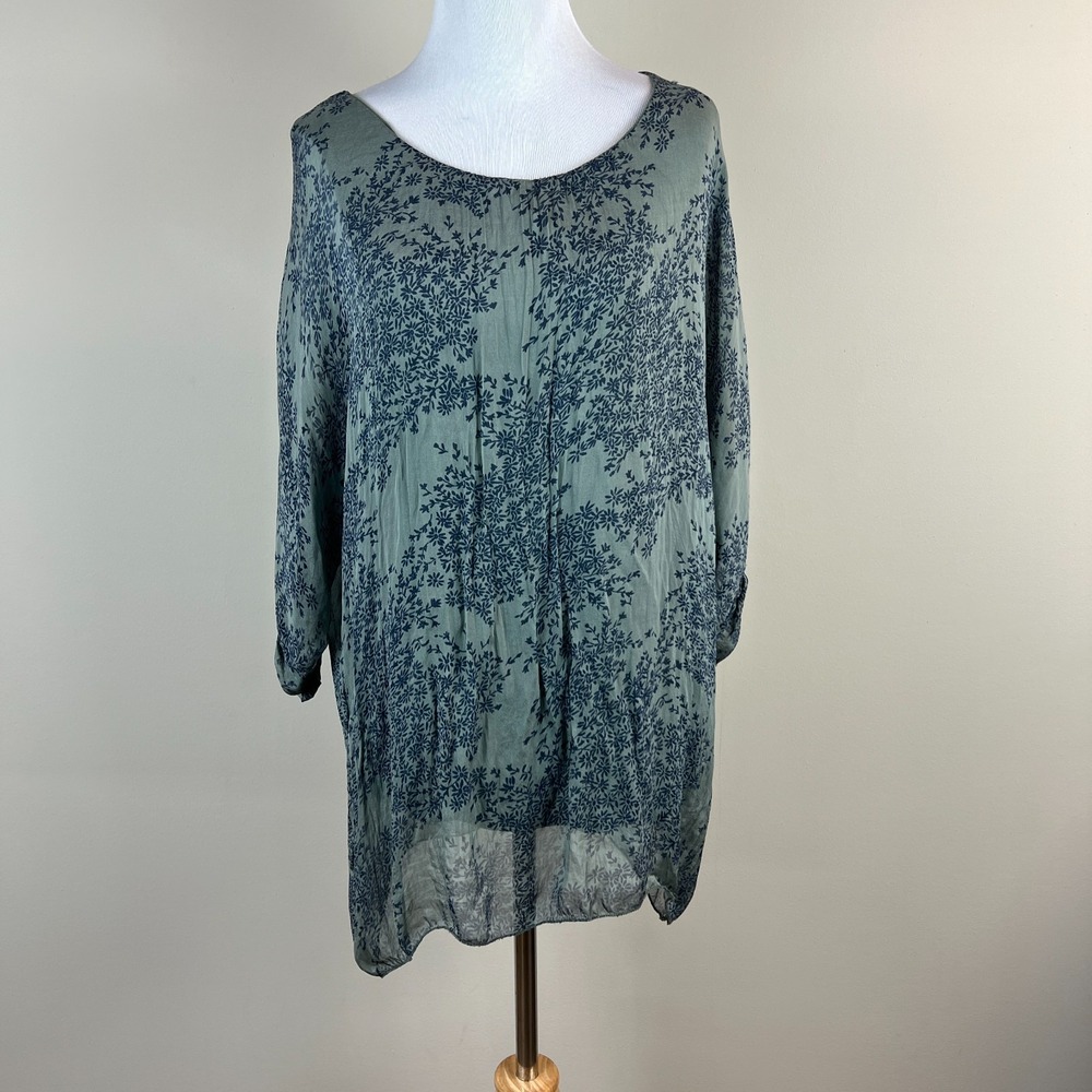 Carla Conti Tunic Top Women Medium Blue Gray 100% Silk Floral Lined Blouse Italy